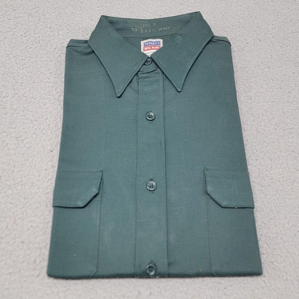 Vintage Penneys Big Mac Work Shirt Mens Small 15.5 Green Sanforized Long‎ Sleeve